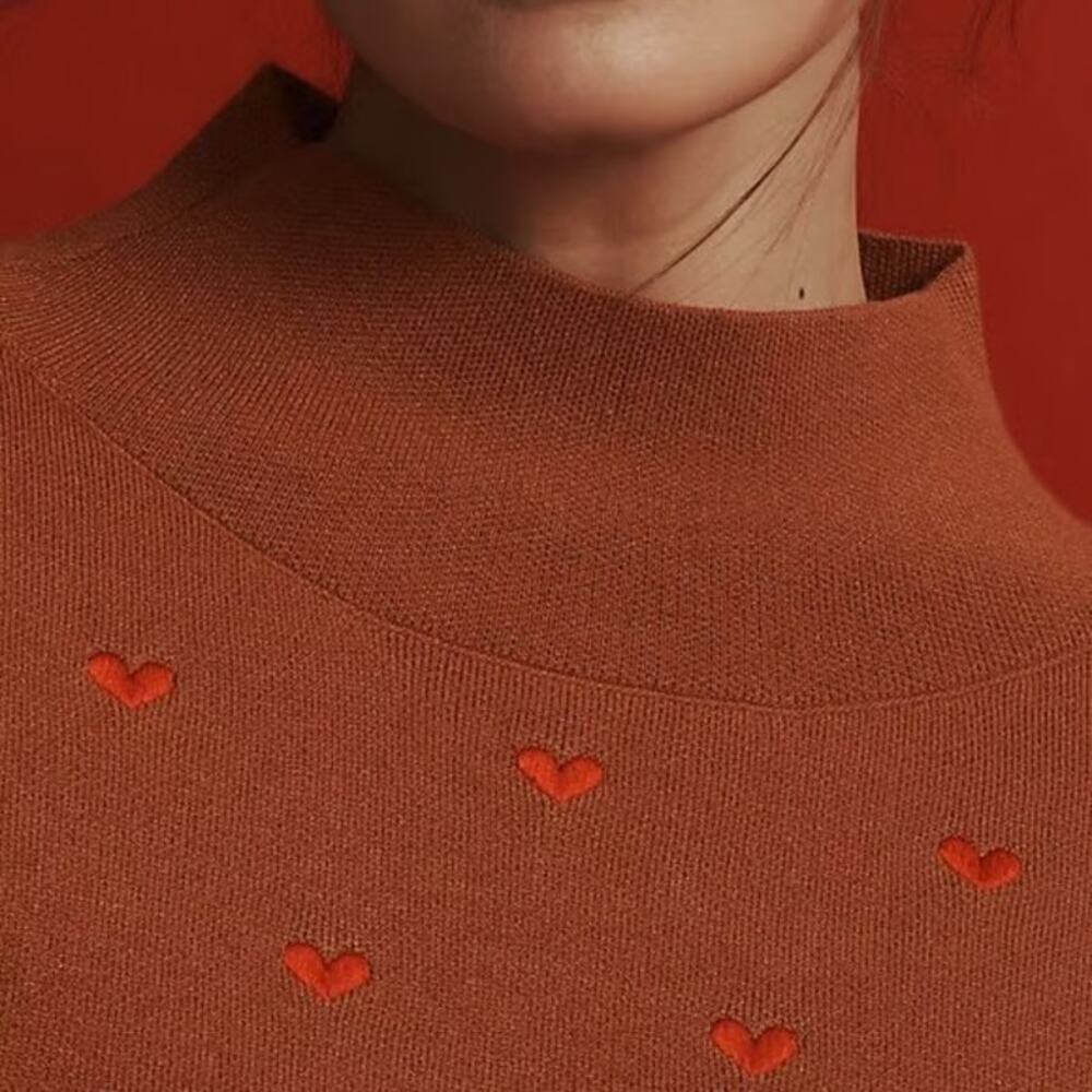 nwt ANTHROPOLOGIE MAEVE sz XL Carys Mock-Neck sweater Cedar Embroidered Hearts - Picture 2 of 3